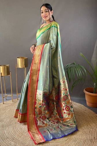 Light olive paithani saree with unstitched blouse piece