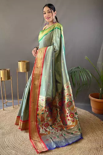 Light olive paithani saree with unstitched blouse piece