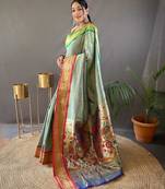 Light olive paithani saree with unstitched blouse piece