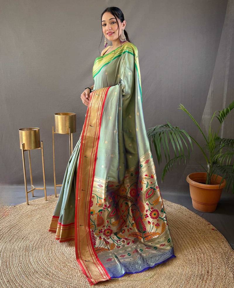 Light olive paithani saree with unstitched blouse piece