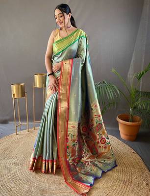 light olive paithani saree unstitched blouse piece 2