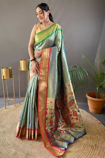 light olive paithani saree unstitched blouse piece
