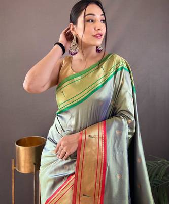 light olive paithani saree unstitched blouse piece 3