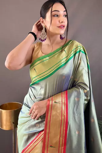 light olive paithani saree unstitched blouse piece