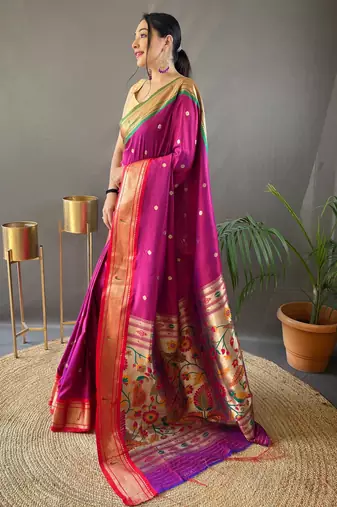 Rani pink paithani saree with unstitched blouse piece
