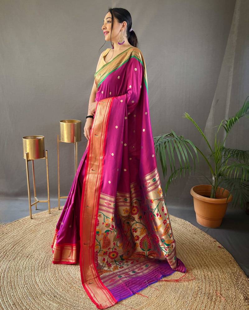 Rani pink paithani saree with unstitched blouse piece