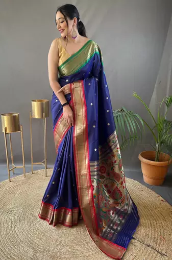Navy blue paithani saree with unstitched blouse piece