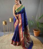 Navy blue paithani saree with unstitched blouse piece