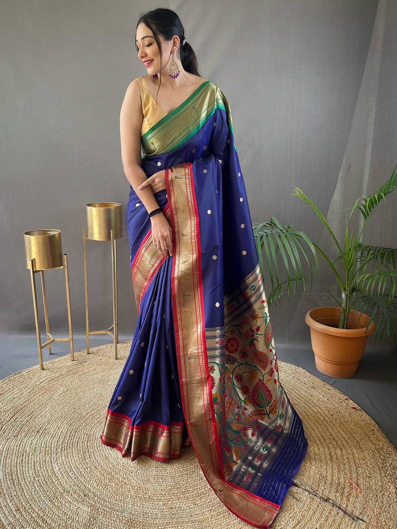 Navy blue paithani saree with unstitched blouse piece