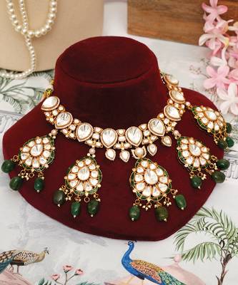 Gold plated kundan green stones choker necklace set 1