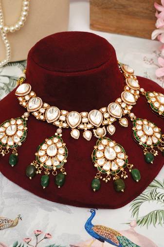 Gold plated kundan green stones choker necklace set
