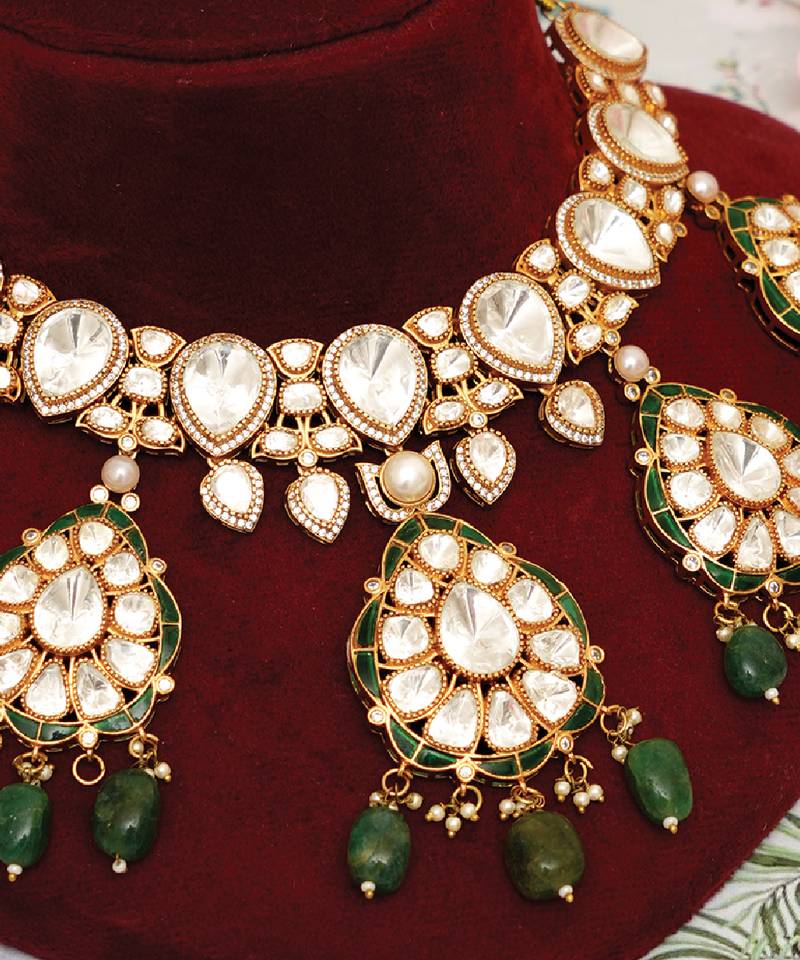 Gold plated kundan green stones choker necklace set