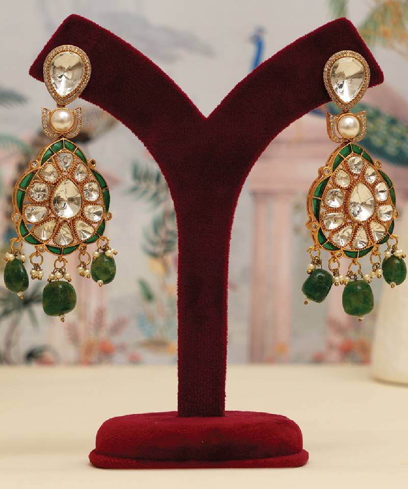 Gold plated kundan green stones choker necklace set