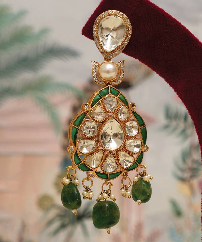 Gold plated kundan green stones choker necklace set