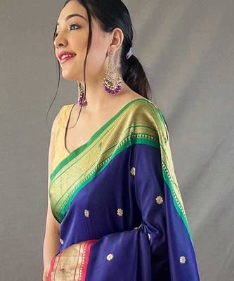 navy blue paithani saree unstitched blouse piece 2