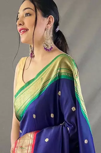 navy blue paithani saree unstitched blouse piece