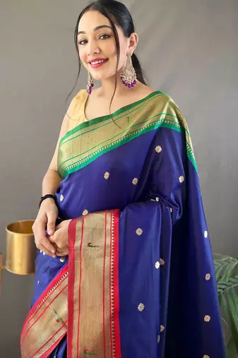 navy blue paithani saree unstitched blouse piece