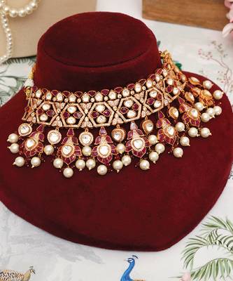 Gold plated kundan red stones choker necklace set 1