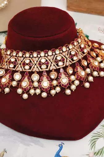 Gold plated kundan red stones choker necklace set