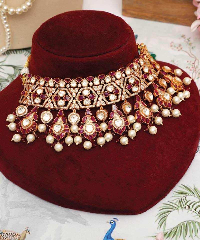 Gold plated kundan red stones choker necklace set