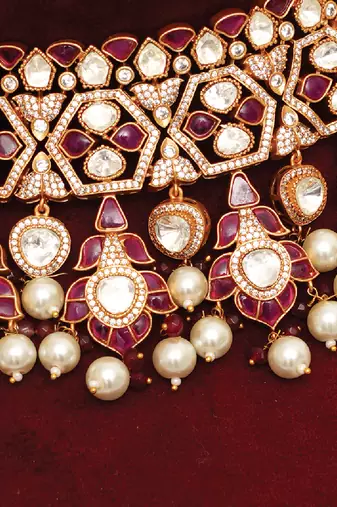 Gold plated kundan red stones choker necklace set