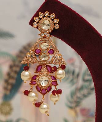 Gold plated kundan red stones choker necklace set 4