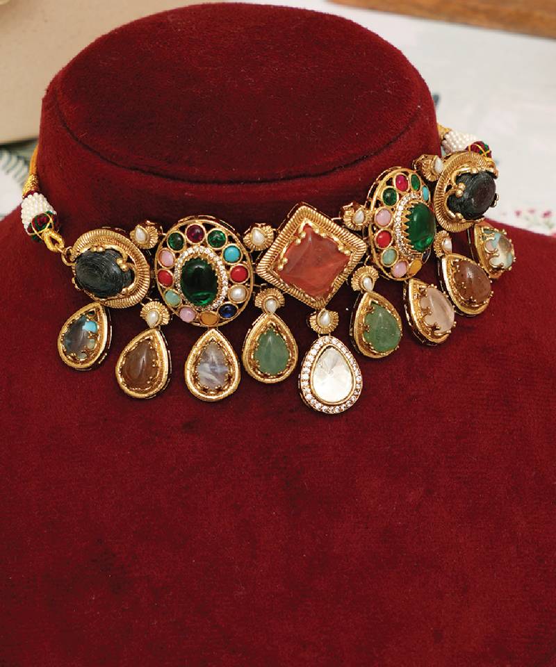 Gold plated multicolor stones choker necklace set