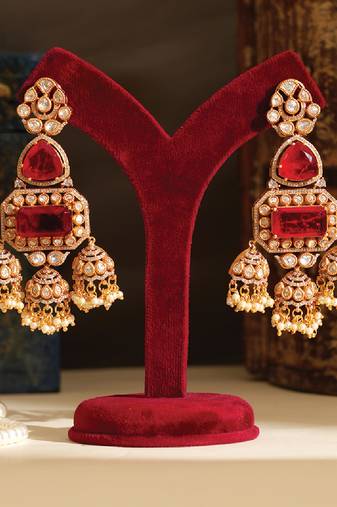 Gold plated red stones jhumkas