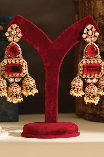 Gold plated red stones jhumkas