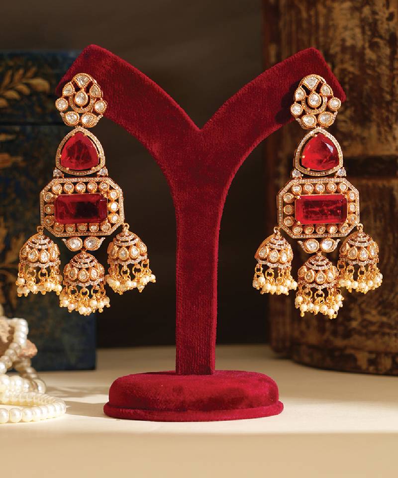 Gold plated red stones jhumkas