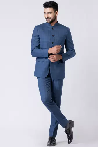 light blue checked jodhpuri suit set for men