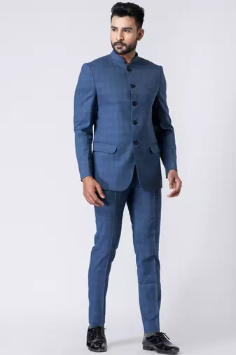 light blue checked jodhpuri suit set for men