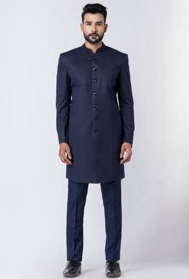 navy blue indo-western jodhpuri suit set for men 1