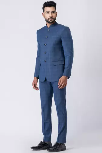 light blue checked jodhpuri suit set for men