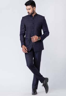navy blue checked jodhpuri suit set for men 2