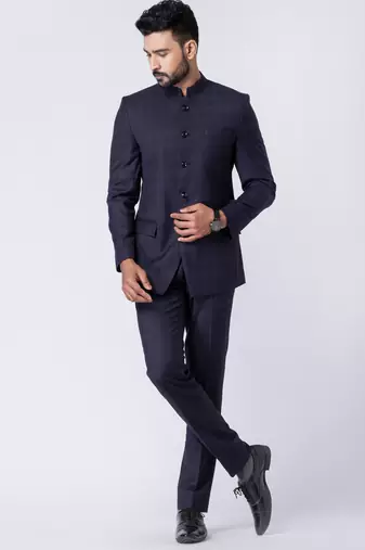 navy blue checked jodhpuri suit set for men