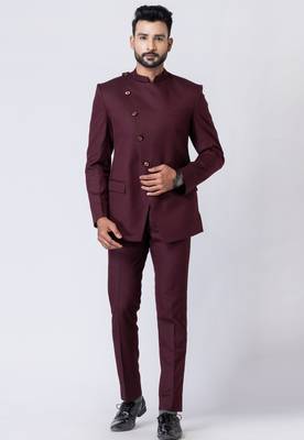 wine asymmetric button jodhpuri suit set for men 1