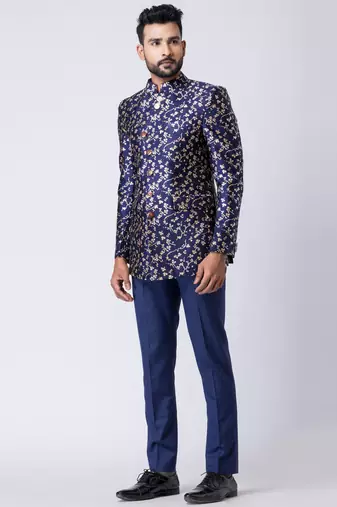 royal blue floral brocade jodhpuri suit set for men