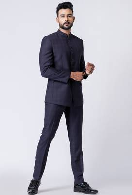 navy blue checked jodhpuri suit set for men 3