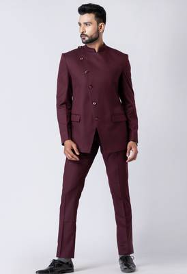 wine asymmetric button jodhpuri suit set for men 2