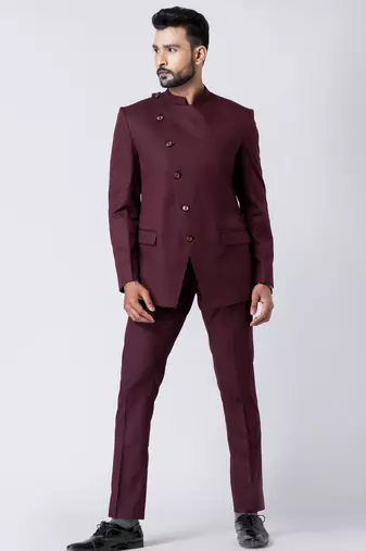 wine asymmetric button jodhpuri suit set for men
