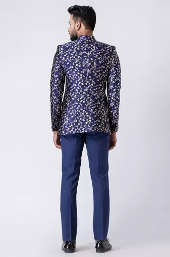 royal blue floral brocade jodhpuri suit set for men