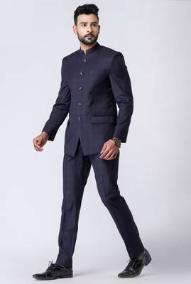 navy blue checked jodhpuri suit set for men 4