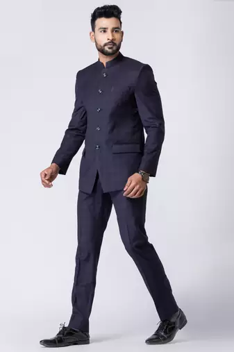 navy blue checked jodhpuri suit set for men