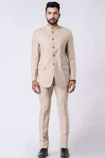 Beige  polyester tr premium designer festive wear jopdupuri suit set