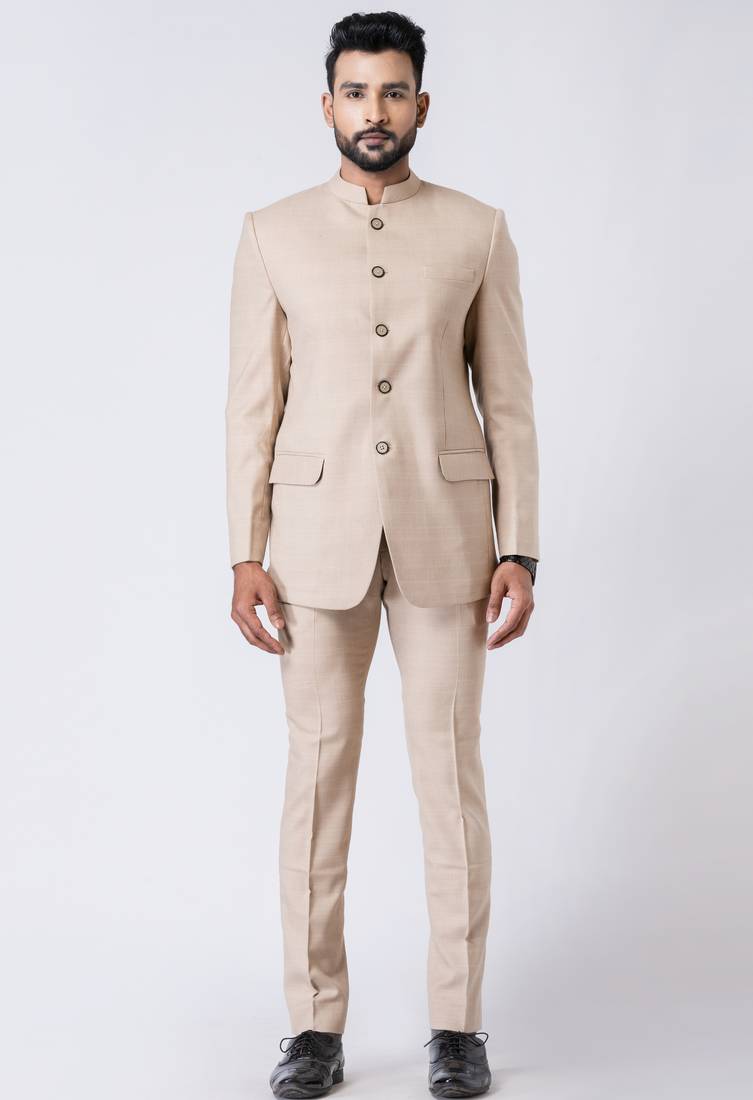 Beige  polyester tr premium designer festive wear jopdupuri suit set