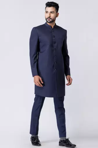 navy blue indo-western jodhpuri suit set for men