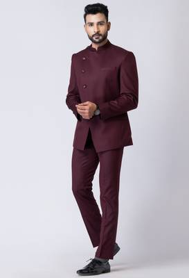 wine asymmetric button jodhpuri suit set for men 3