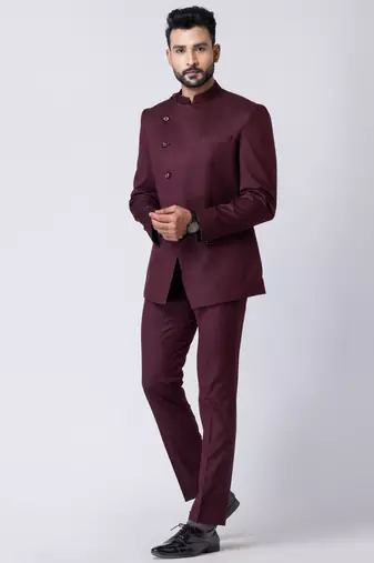 wine asymmetric button jodhpuri suit set for men