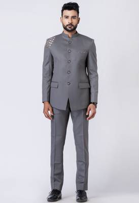 grey embellished shoulder jodhpuri suit set for men 1